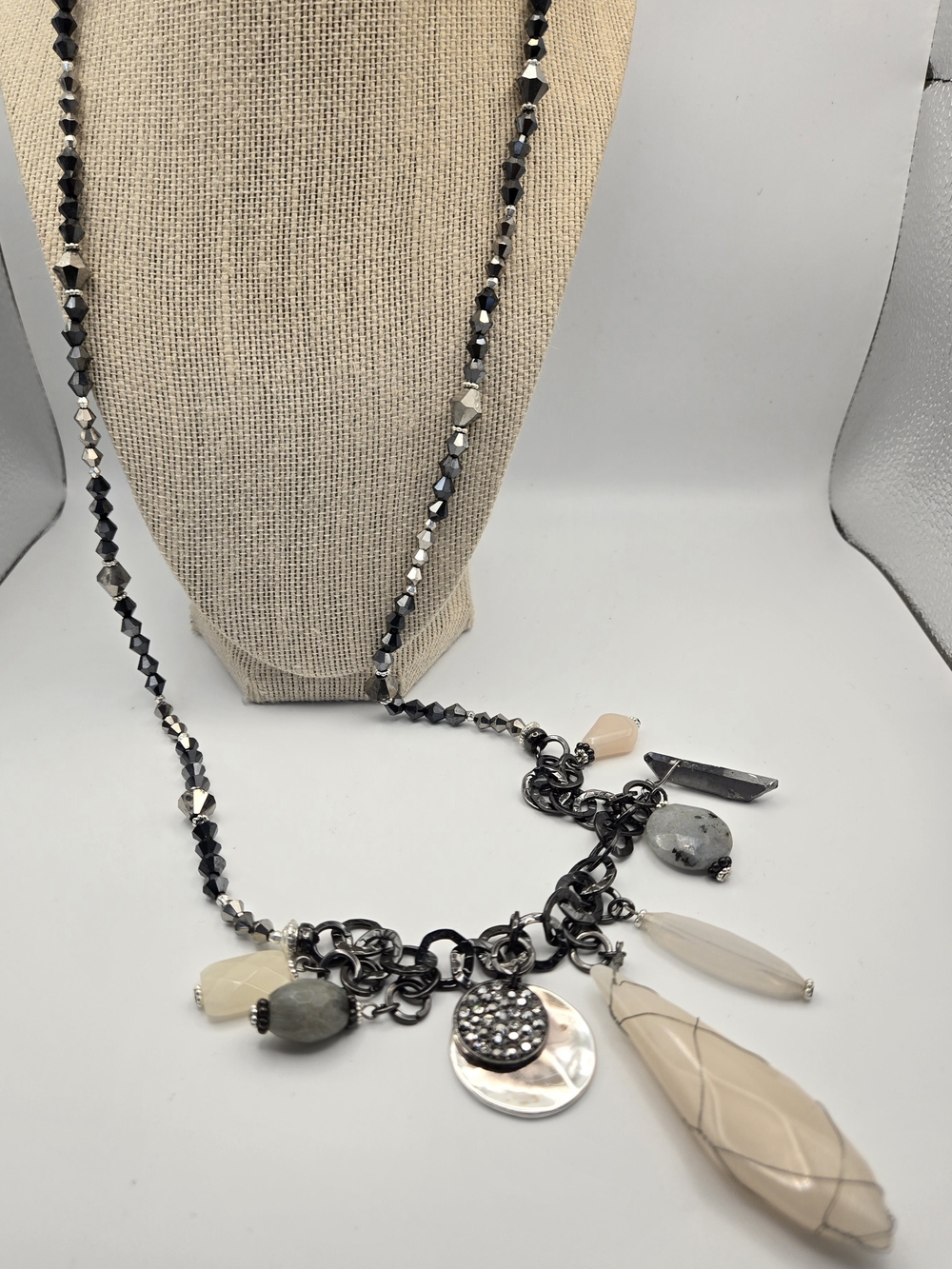 Chico's Pendant Statement Necklace Rose Quartz Labradorite Crystal Rustic Boho